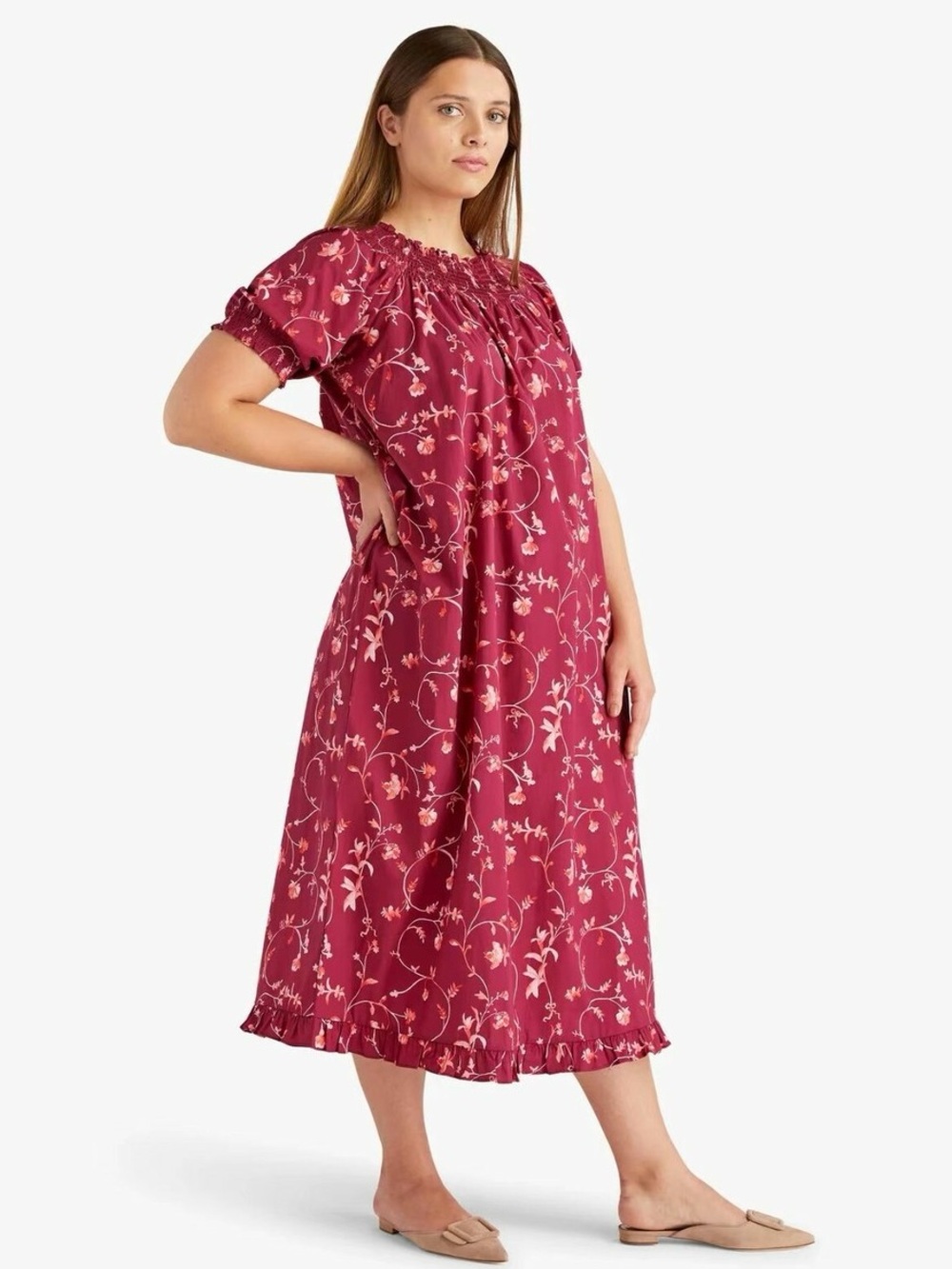 Hill House Home Caroline Nap Dress in Burgundy Botanical